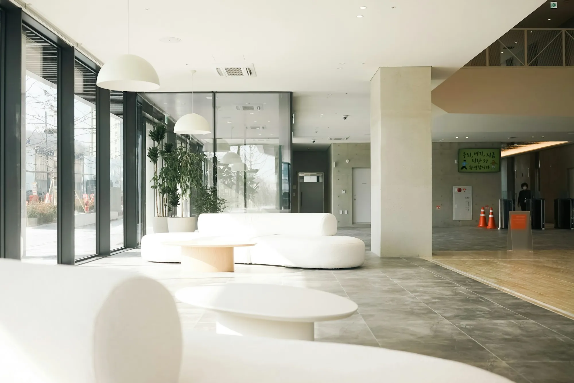 White lounge area in an office lobby
