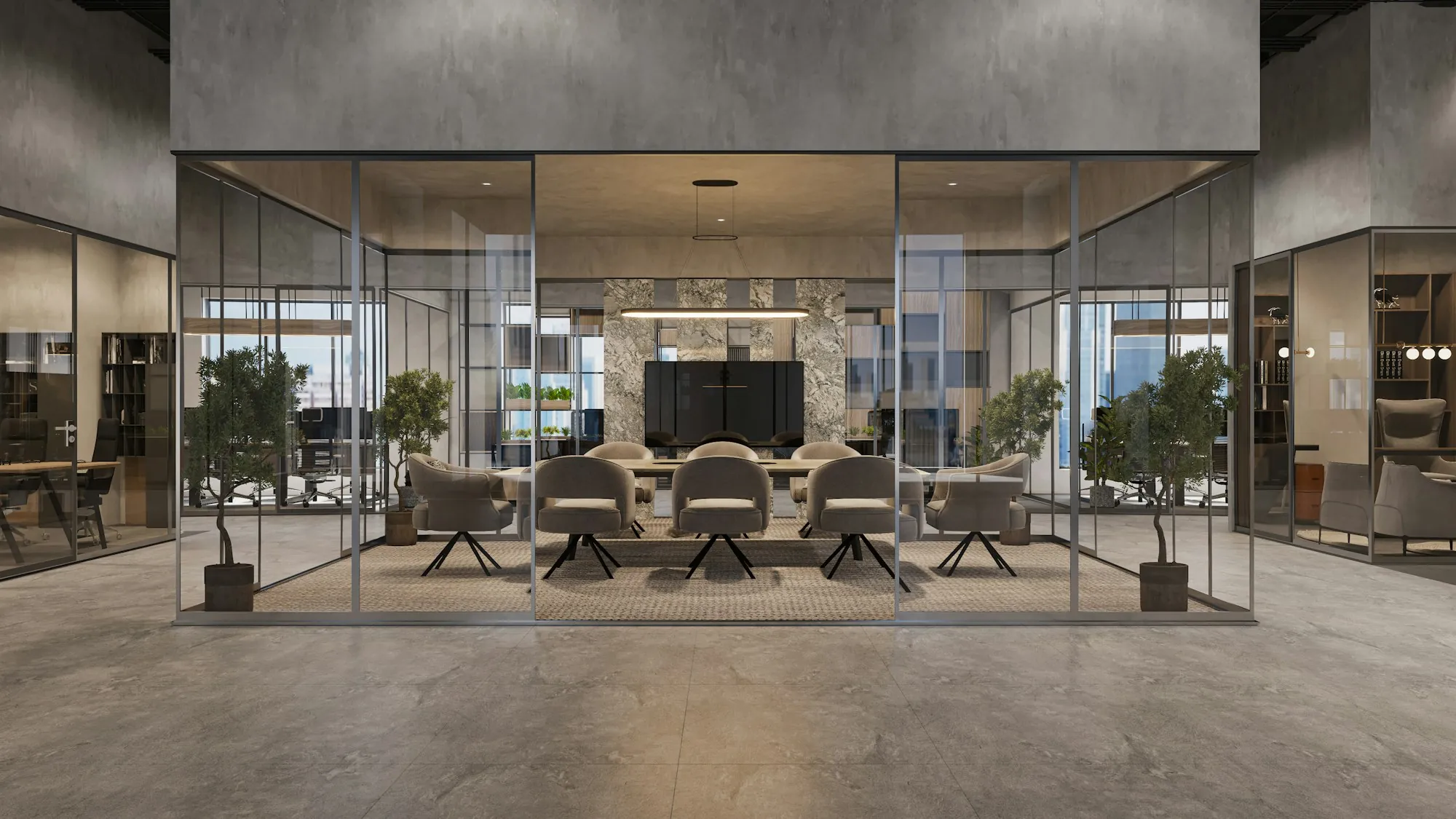 Glass conference room inside an open office
